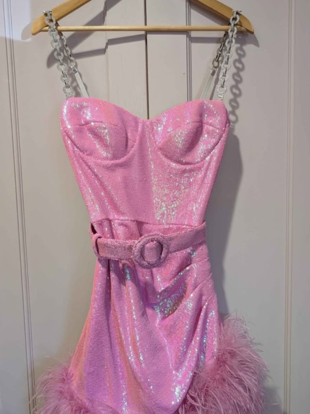NADINE MERABI Pink Sequin Mini Dress with Feather Hem - Picture 2 of 5